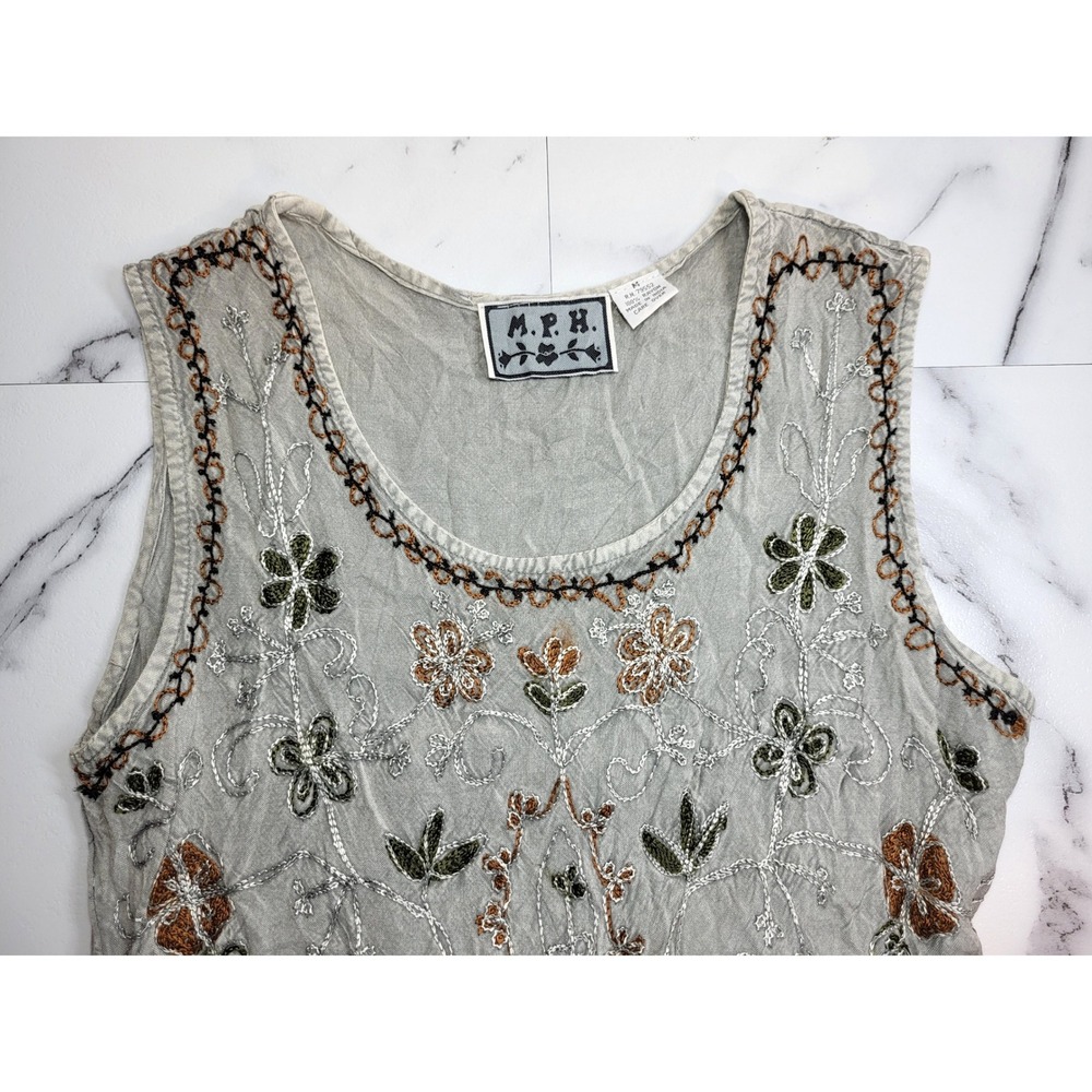 MPH Grey Floral Embroidered Sleeveless Maxi Dress Medium‎ Boho Hippie Grunge - Picture 3 of 10